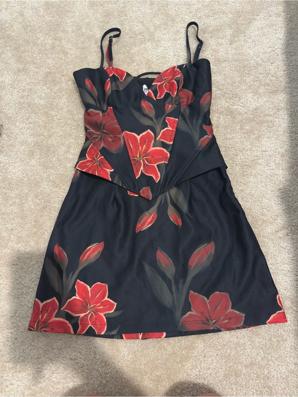 Princess Polly Black Slip Dress with Red Floral Print